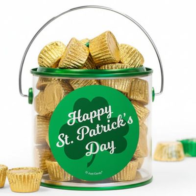 12oz St. Patrick's Day Paint Can Stickered Gift Tin Filled With Gold Foiled Miniature Peanut Butter Cups For Favors, Gifts, Dessert Tables & More - Clover