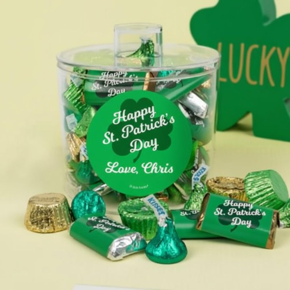 12oz St. Patrick's Day Personalized Clover Gift Canister With Wrapped Miniatures, Green Kisses And Foiled Mini Peanut Butter Cups For Custom Giveaways, Gifting & More