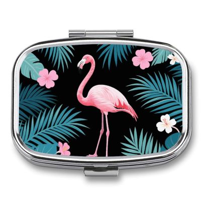 Metal Pill Organizer 2 Compartment Travel Pill Case with Mirror Waterproof & Leak-Proof Tropical Leaves Flamingo and Flowers Pill Boxes for Daily Meds Vitamins Supplements Fits in Purse Pocket Bag
