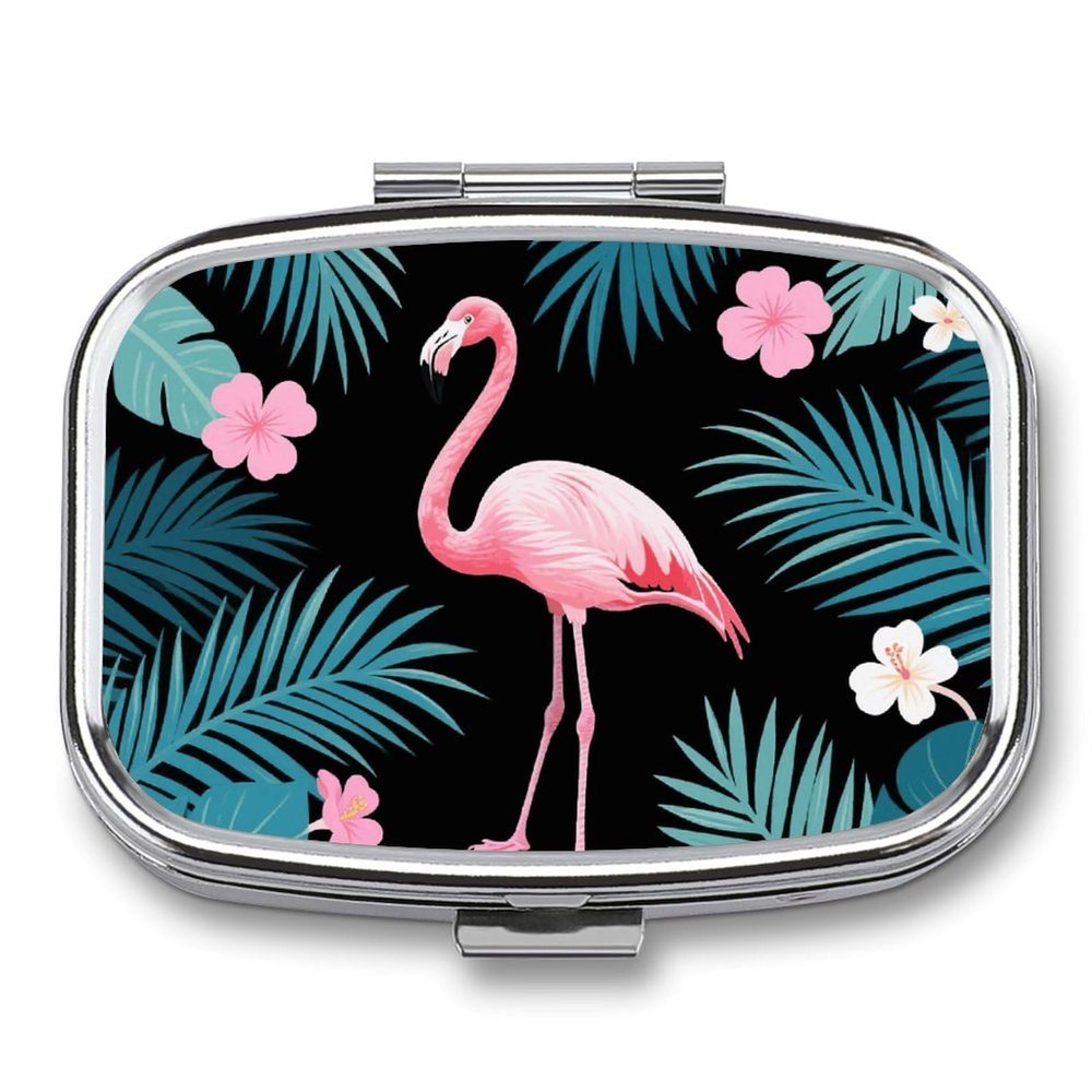 Metal Pill Organizer 2 Compartment Travel Pill Case with Mirror Waterproof & Leak-Proof Tropical Leaves Flamingo and Flowers Pill Boxes for Daily Meds Vitamins Supplements Fits in Purse Pocket Bag