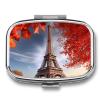Tower and Red Leaves Pill Box 2 Compartments Portable Travel Pill Case Mini Medicine Organizer for Pocket Purse Metal Waterproof Medicine Container Holder Vitamin Fish Oil view 1