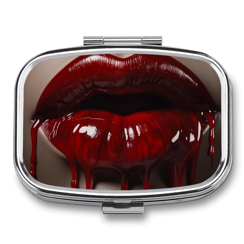 Red Lips Pill Box 2 Compartments Portable Travel Pill Case Mini Medicine Organizer for Pocket Purse Metal Waterproof Medicine Container Holder Vitamin Fish Oil