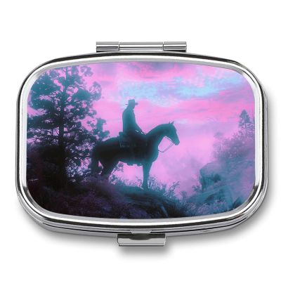 Horse Riding Silhouette Pill Box 2 Compartments Portable Travel Pill Case Mini Medicine Organizer for Pocket Purse Metal Waterproof Medicine Container Holder Vitamin Fish Oil