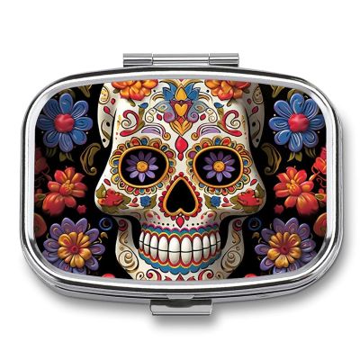Sugar Skulls Pill Box 2 Compartments Portable Travel Pill Case Mini Medicine Organizer for Pocket Purse Metal Waterproof Medicine Container Holder Vitamin Fish Oil