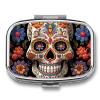 Sugar Skulls Pill Box 2 Compartments Portable Travel Pill Case Mini Medicine Organizer for Pocket Purse Metal Waterproof Medicine Container Holder Vitamin Fish Oil view 1