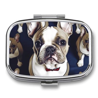 Cute French Bulldog Pill Box 2 Compartments Portable Travel Pill Case Mini Medicine Organizer for Pocket Purse Metal Waterproof Medicine Container Holder Vitamin Fish Oil
