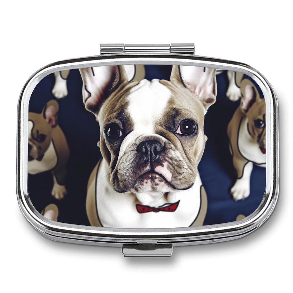 Cute French Bulldog Pill Box 2 Compartments Portable Travel Pill Case Mini Medicine Organizer for Pocket Purse Metal Waterproof Medicine Container Holder Vitamin Fish Oil