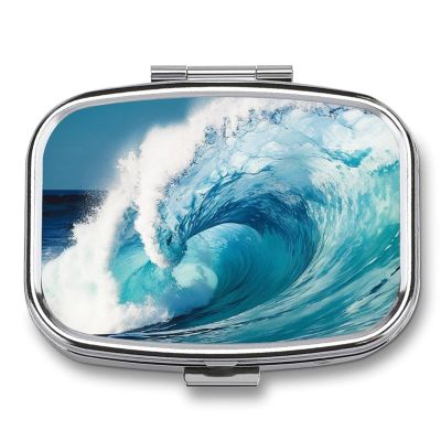 Sea Wave Pill Box 2 Compartments Portable Travel Pill Case Mini Medicine Organizer for Pocket Purse Metal Waterproof Medicine Container Holder Vitamin Fish Oil