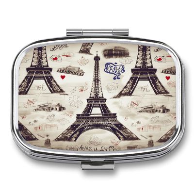 French Paris Tour Eiffel Tower Pill Box 2-Compartment Portable Travel Square Pill Case Daily Pill Holder with Store Vitamins Pocket Medicine Organizer for Office Home Fish Oil
