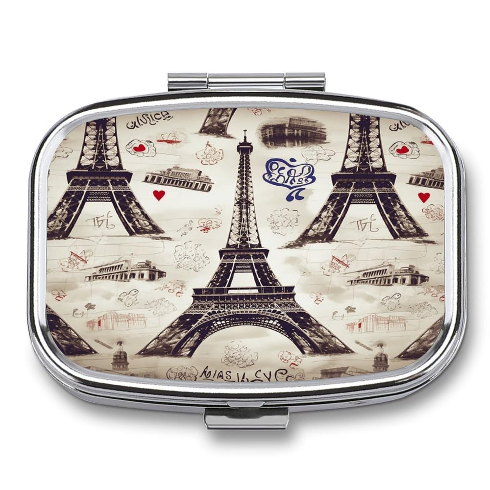 French Paris Tour Eiffel Tower Pill Box 2-Compartment Portable Travel Square Pill Case Daily Pill Holder with Store Vitamins Pocket Medicine Organizer for Office Home Fish Oil