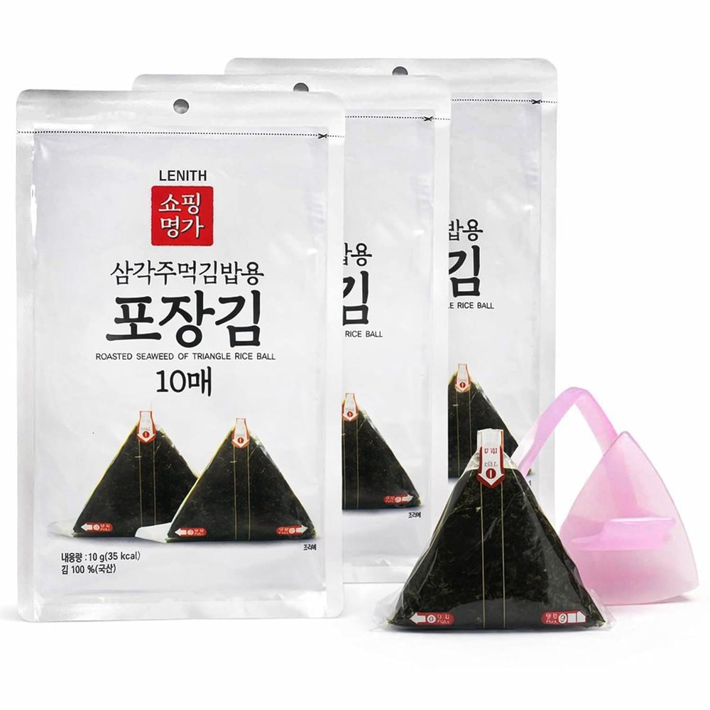 LENITH Unseasoned Seaweed Sheets for Triangle Gimbap, Includes Rice Mold & Stickers, Individually Wrapped - 30 Sheets (10 Sheets x 3 Packs) 30g (1.06 oz)