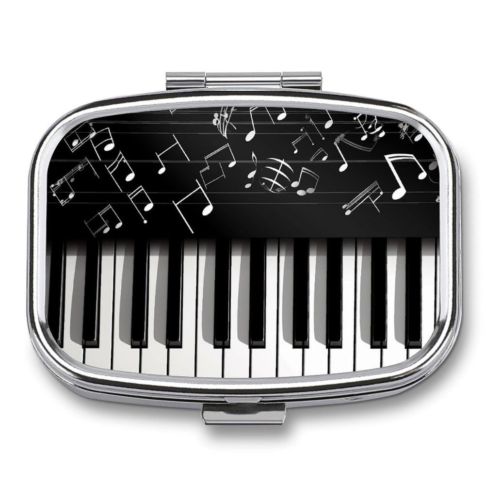 Metal Pill Organizer 2 Compartment Travel Pill Case with Mirror Waterproof & Leak-Proof Piano Keys with Musical Notes Pill Boxes for Daily Meds Vitamins Supplements Fits in Purse Pocket Bag