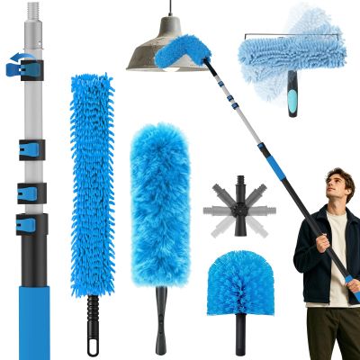 16FT Reach High Ceiling Duster Kits with 3-12FT Adjustable Pole - Includes Extra Long Duster, High Ceiling Duster, Rotatable Window Squeegee & Cobweb Duster for Ceiling Fans and Whole House Cleaning