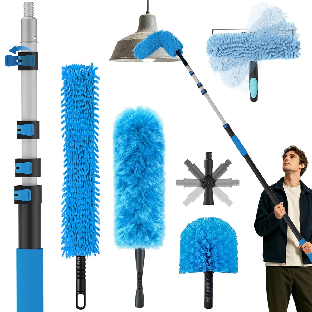16FT Reach High Ceiling Duster Kits with 3-12FT Adjustable Pole - Includes Extra Long Duster, High Ceiling Duster, Rotatable Window Squeegee & Cobweb Duster for Ceiling Fans and Whole House Cleaning