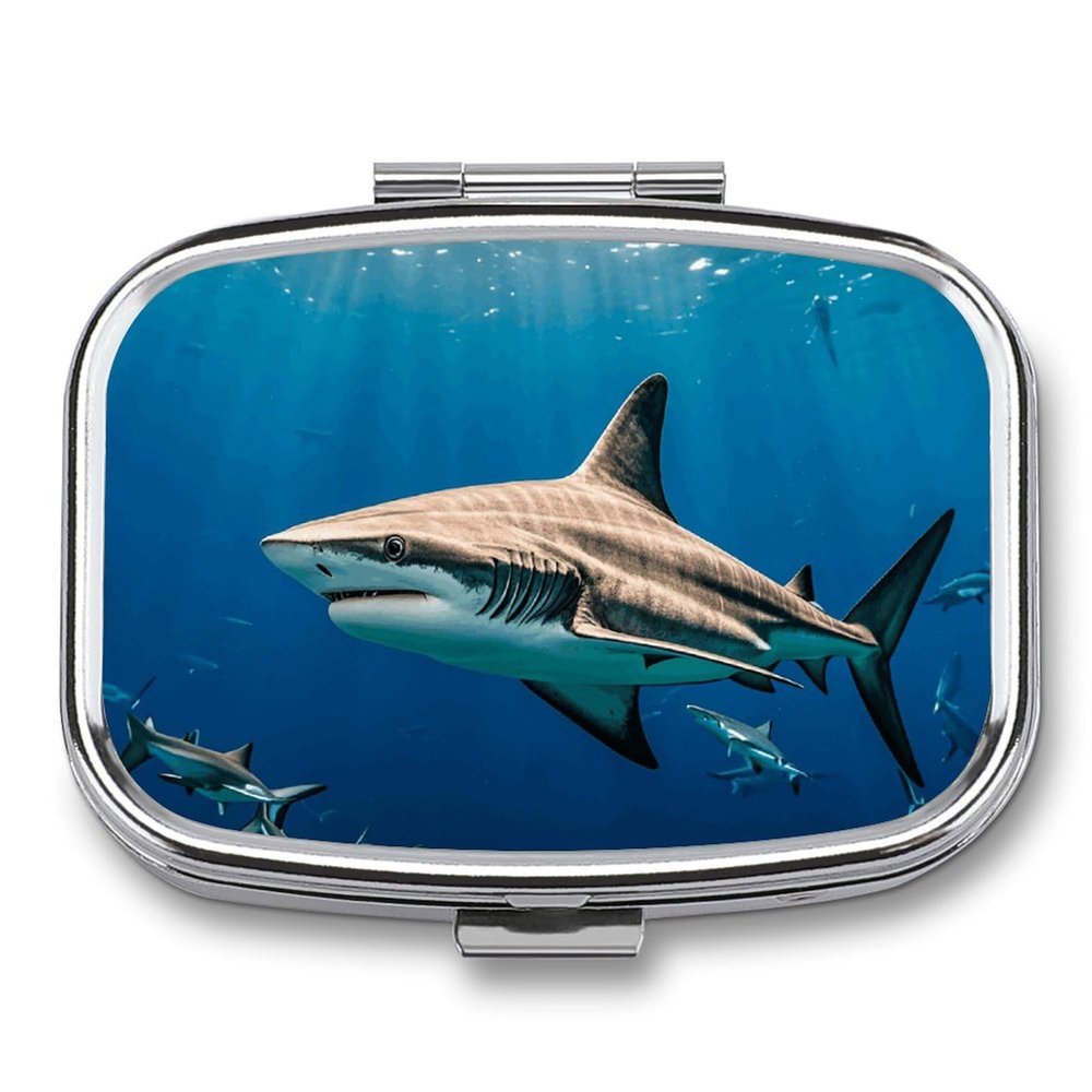Metal Pill Organizer 2 Compartment Travel Pill Case with Mirror Waterproof & Leak-Proof Hammerhead Sharks Pill Boxes for Daily Meds Vitamins Supplements Fits in Purse Pocket Bag