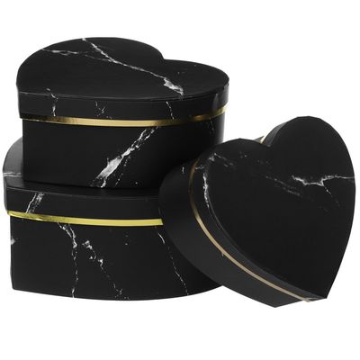 3pcs Black Heart Shape Boxes with Gold Marble Edge, Empty Candy and Flower Packaging Boxes for Valentines Day, Romantic Wrap Supplies