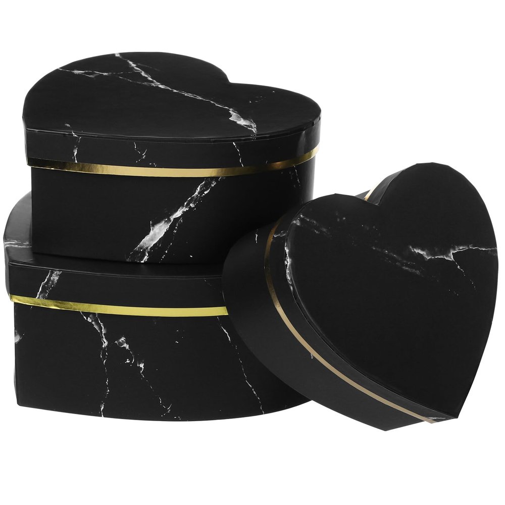 3pcs Black Heart Shape Boxes with Gold Marble Edge, Empty Candy and Flower Packaging Boxes for Valentines Day, Romantic Wrap Supplies