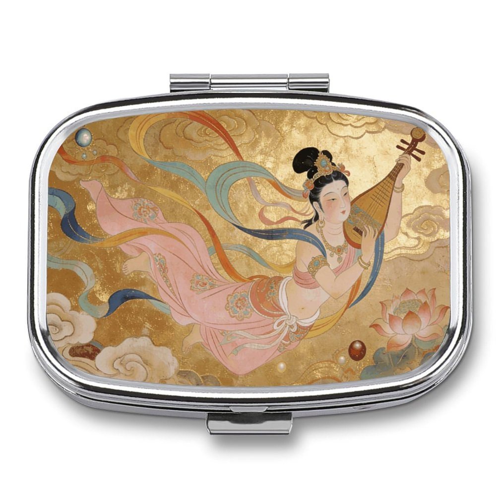 Lute Fairy in The Clouds Pill Box 2-Compartment Portable Travel Square Pill Case Daily Pill Holder with Store Vitamins Pocket Medicine Organizer for Office Home Fish Oil
