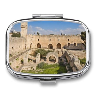Israel at The Tower Pill Box 2 Compartments Portable Travel Pill Case Mini Medicine Organizer for Pocket Purse Metal Waterproof Medicine Container Holder Vitamin Fish Oil