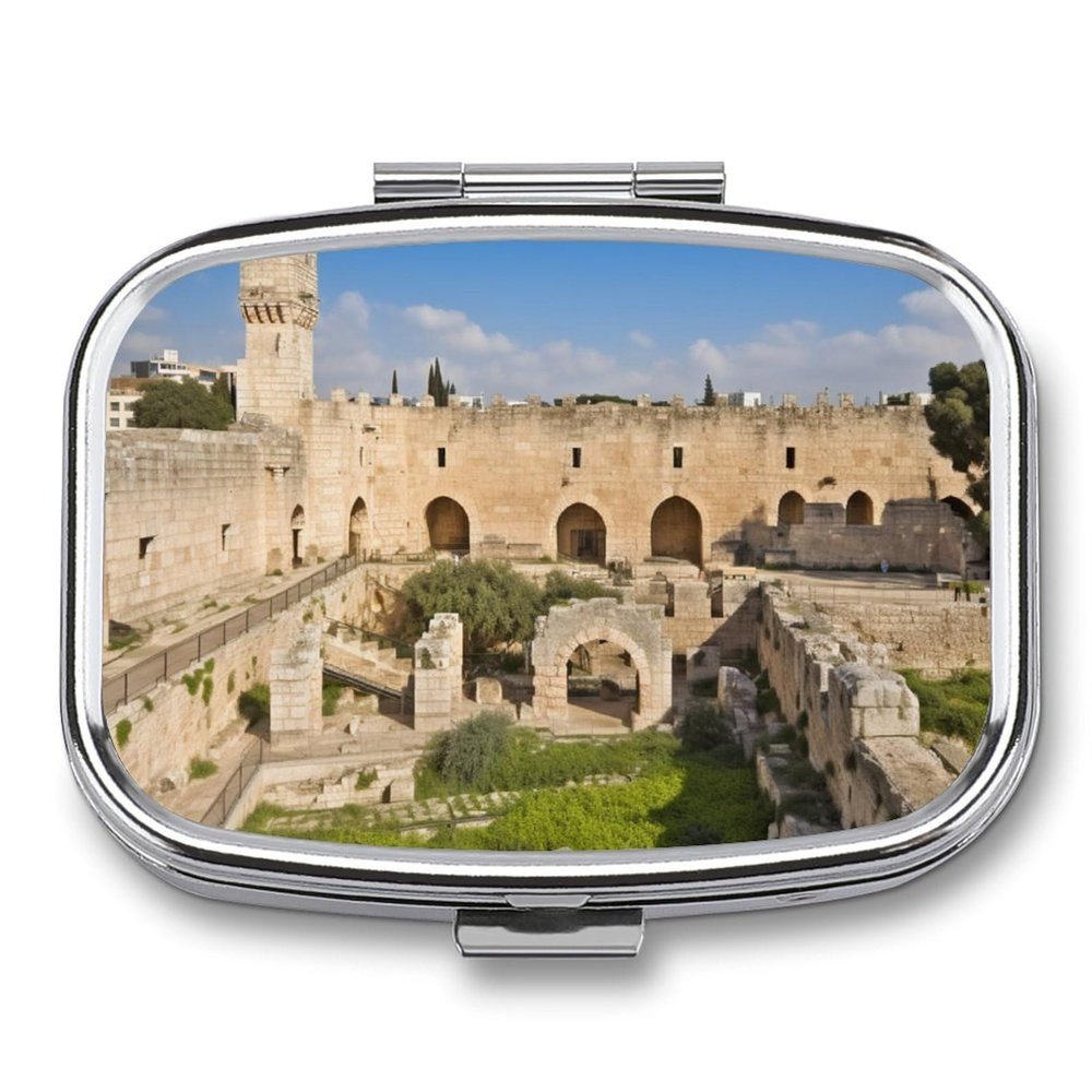 Israel at The Tower Pill Box 2 Compartments Portable Travel Pill Case Mini Medicine Organizer for Pocket Purse Metal Waterproof Medicine Container Holder Vitamin Fish Oil