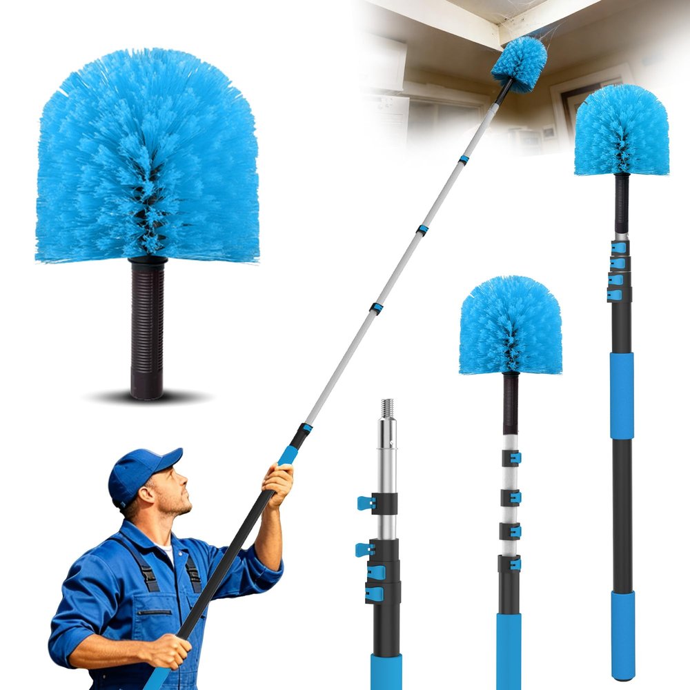18FT Reach Cobweb Duster with Extension Pole - Spider Web Brush for Cleaning with 3-12FT 4-Section Flip-Lock Telescopic Pole, Effortlessly Cleans High Indoor & Outdoor Webs
