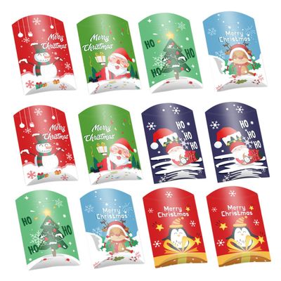 12pcs Christmas Candy Paper Boxes Pillow Style Wrapping Boxes for Party Treats and Biscuit Packaging Gift for Holiday Celebrations Style