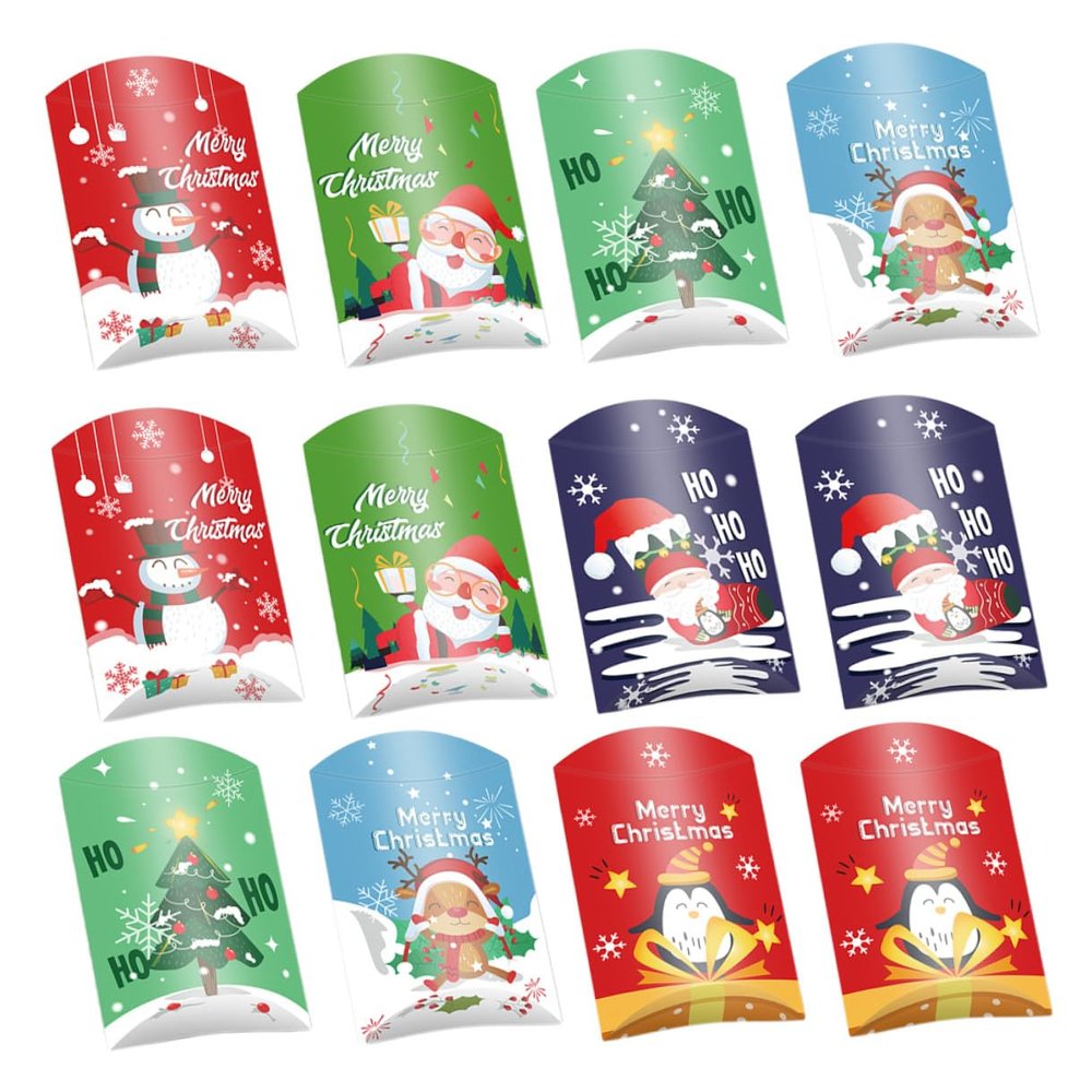12pcs Christmas Candy Paper Boxes Pillow Style Wrapping Boxes for Party Treats and Biscuit Packaging Gift for Holiday Celebrations Style