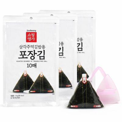 Sookwang Unseasoned Seaweed Sheets for Triangle Gimbap, Includes Rice Mold & Stickers, Individually Wrapped - 30 Sheets (10 Sheets x 3 Packs) 30g (1.06 oz)