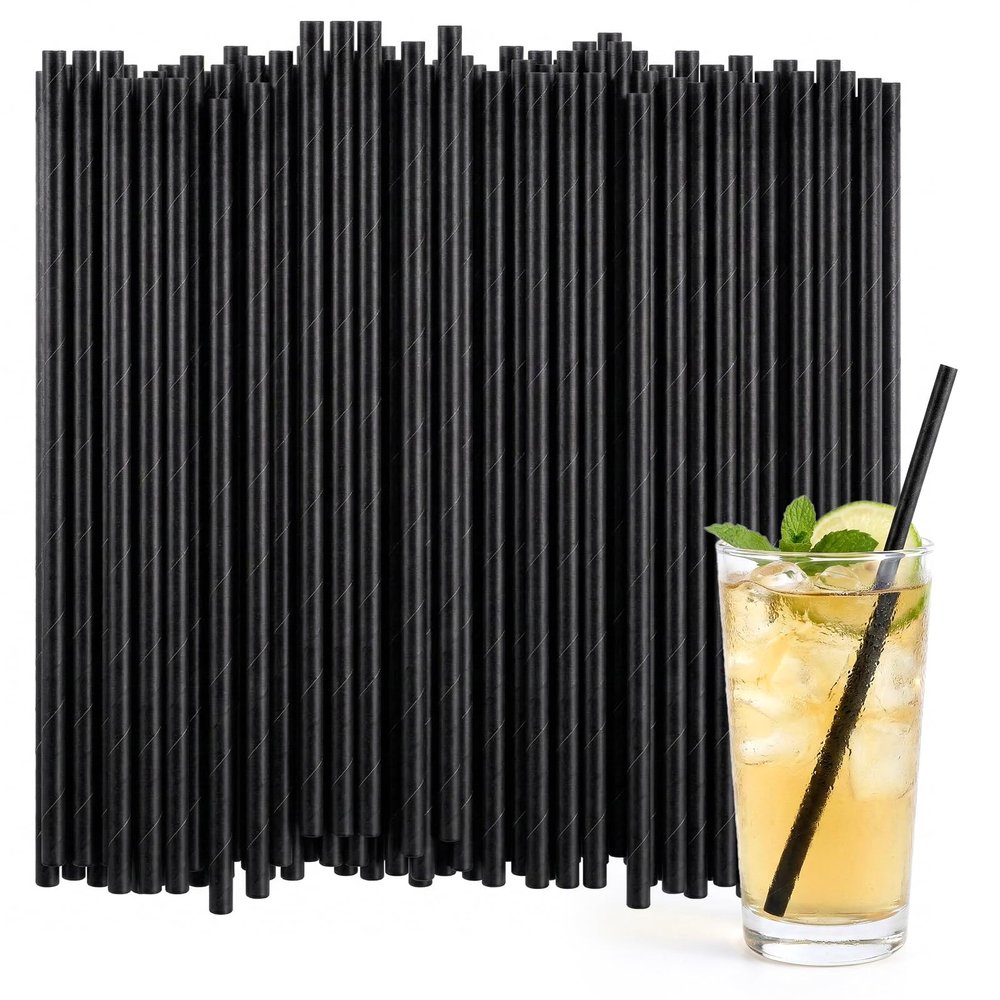 1000 Pack Black Paper Straws, 8" x 0.24", Disposable Drinking Straws Bulk, Eco-Friendly Drinking Straw, Compostable, for Bars Restaurants Party Weddings