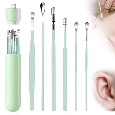 6 Set Ear Wax Removal Tool Set with Storage Tube, Professional Earwax Cleaner Kit, Stainless Steel Spring Ear Pick Tools,Stainless Steel Earwax Removal Toolkit (Green)