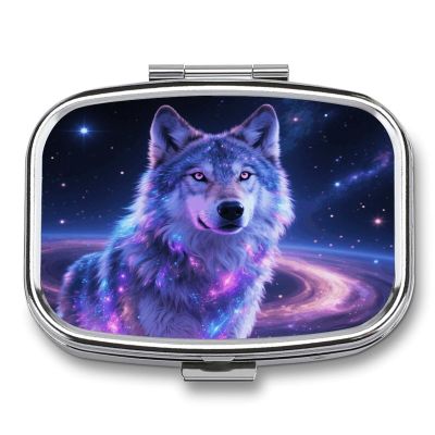 Metal Pill Organizer 2 Compartment Travel Pill Case with Mirror Waterproof & Leak-Proof Galaxy Wolf Pill Boxes for Daily Meds Vitamins Supplements Fits in Purse Pocket Bag