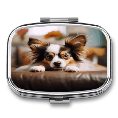 Papillon Lying on Tummy Pill Case 2 Compartments Small Pill Box with Mirror Square Medicine Travel Pill Organizer Pocket Purse Medicine Vitamin Organizer for Fish Oil, Supplements
