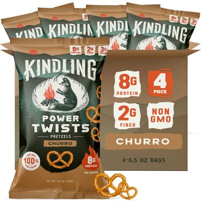 Kindling Protein Pretzels - Churro | Protein-Packed Snack | Kosher | 8 - 9g Protein Per Serving | Only 1-2g of Total Sugar | No Artificial Flavors, Soy-Free | Kids Snacks & Lunches, Office Snacks, & On-the-Go | 4-Pack (6.5oz Bags)