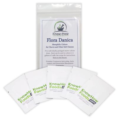 Flora Danica Mesophilic Cheese Starter Culture (5 individual packets) from Know-How Foods - each dose cultures 2-5 gallons of milk to make chevre & other fresh or soft cheeses or cultured cream
