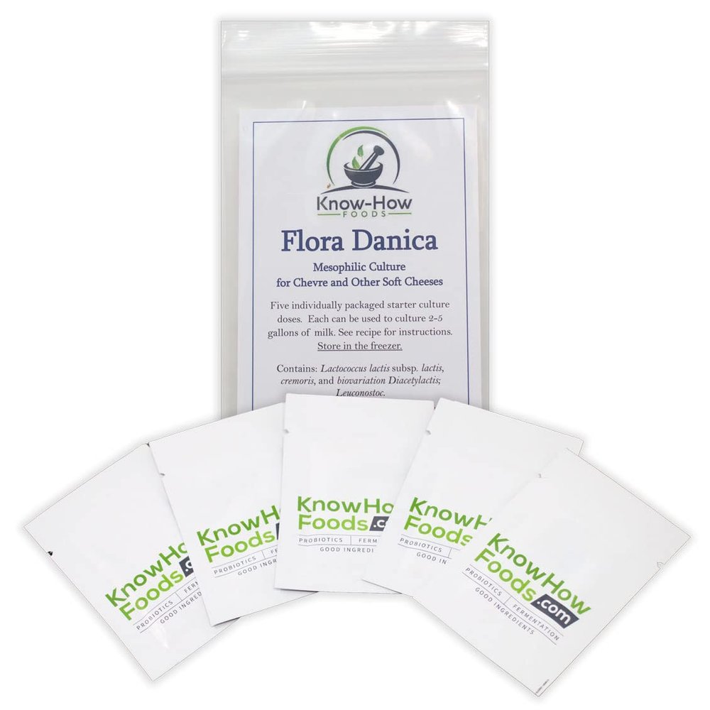Flora Danica Mesophilic Cheese Starter Culture (5 individual packets) from Know-How Foods - each dose cultures 2-5 gallons of milk to make chevre & other fresh or soft cheeses or cultured cream