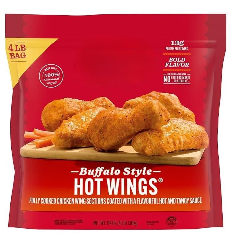 Frozen Fully Cooked Buffalo Style Hot Chicken Wings , Made with bone-in chicken and covered in spicy. With 15 grams of protein per serving, this protein-filled snack is sure to be a favorite at your next game day party, spontaneous get-together or af