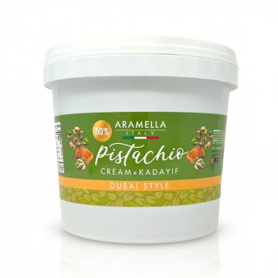 Aramella Gourmet Dubai Style 50% Pistachio Cream With Crispy Kadayif 5kg (11 lb) Professional Bulk Bucket Made in Italy No Artificial Colors or Flavors For Dubai Chocolate, Pastries, Baking & Gelato