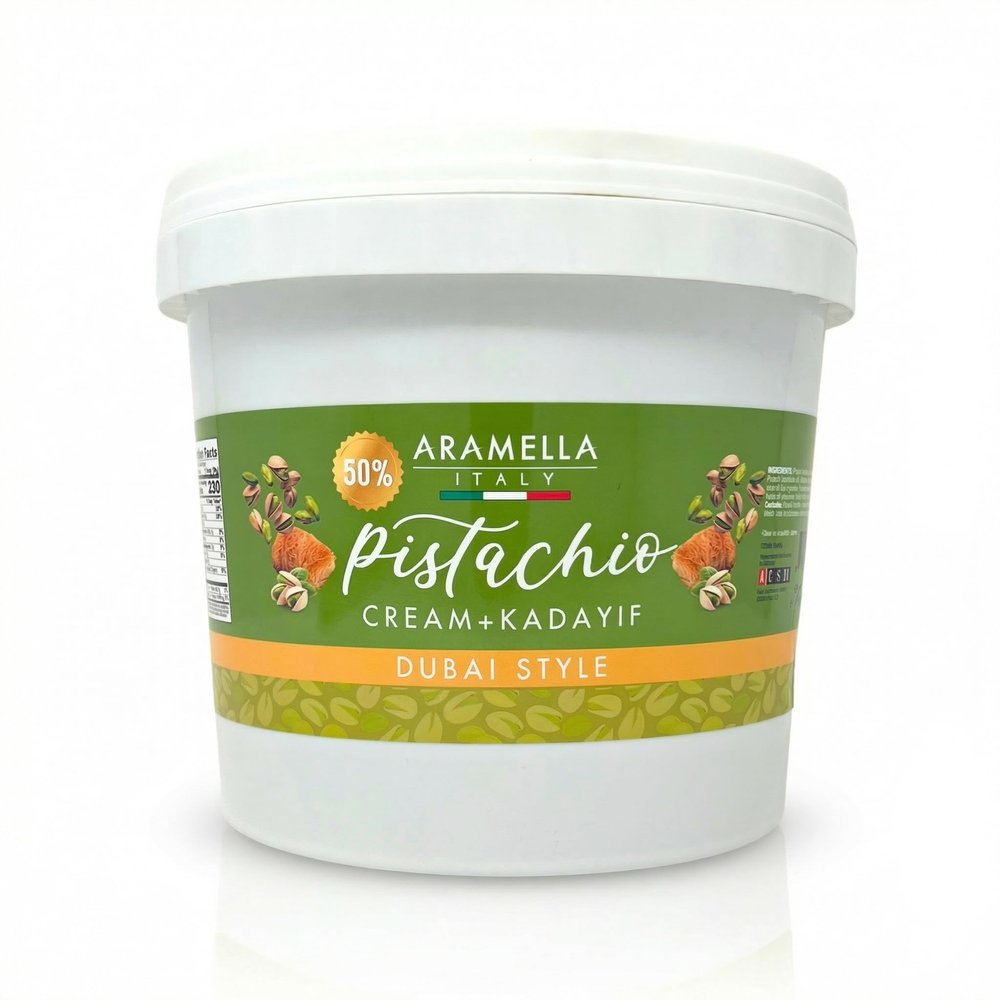Aramella Gourmet Dubai Style 50% Pistachio Cream With Crispy Kadayif 5kg (11 lb) Professional Bulk Bucket Made in Italy No Artificial Colors or Flavors For Dubai Chocolate, Pastries, Baking & Gelato