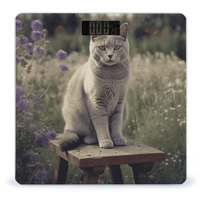 Gray Cat in Flower Field Bathroom Scale for Body Weight with High Precision Large LCD Backlight Display Digital Weighing Scale with BMI Capacity Up to 180kg