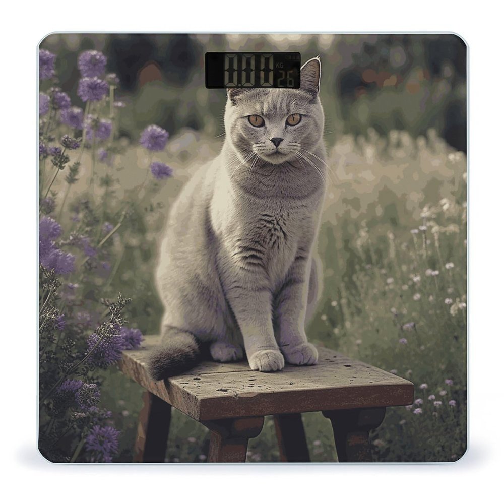 Gray Cat in Flower Field Bathroom Scale for Body Weight with High Precision Large LCD Backlight Display Digital Weighing Scale with BMI Capacity Up to 180kg