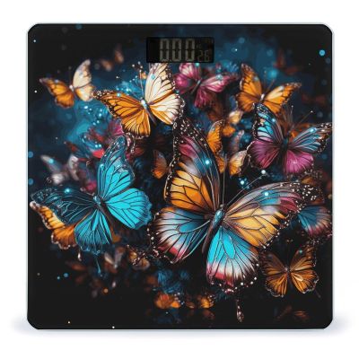 Colorful Butterflies Flying Around on Black Background Bathroom Scale for Body Weight with High Precision Large LCD Backlight Display Digital Weighing Scale with BMI Capacity Up to 180kg