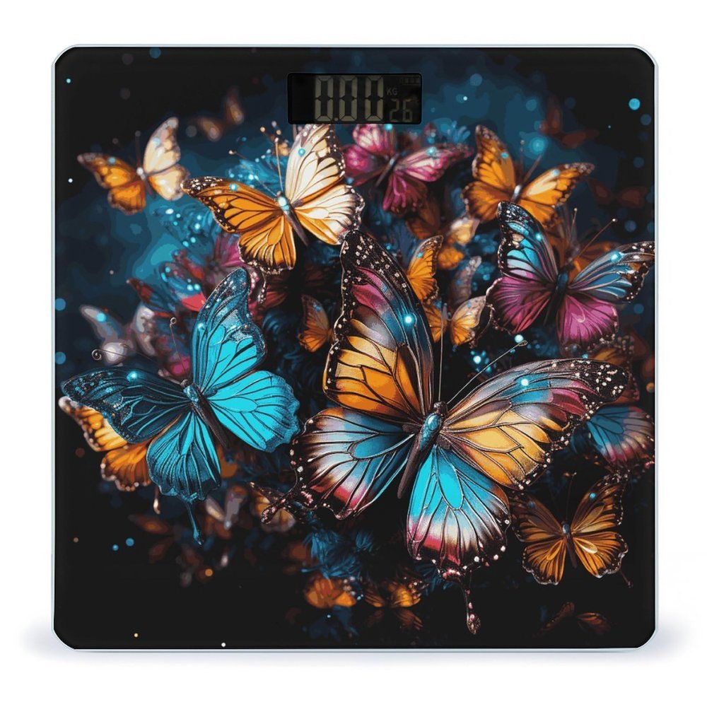 Colorful Butterflies Flying Around on Black Background Bathroom Scale for Body Weight with High Precision Large LCD Backlight Display Digital Weighing Scale with BMI Capacity Up to 180kg