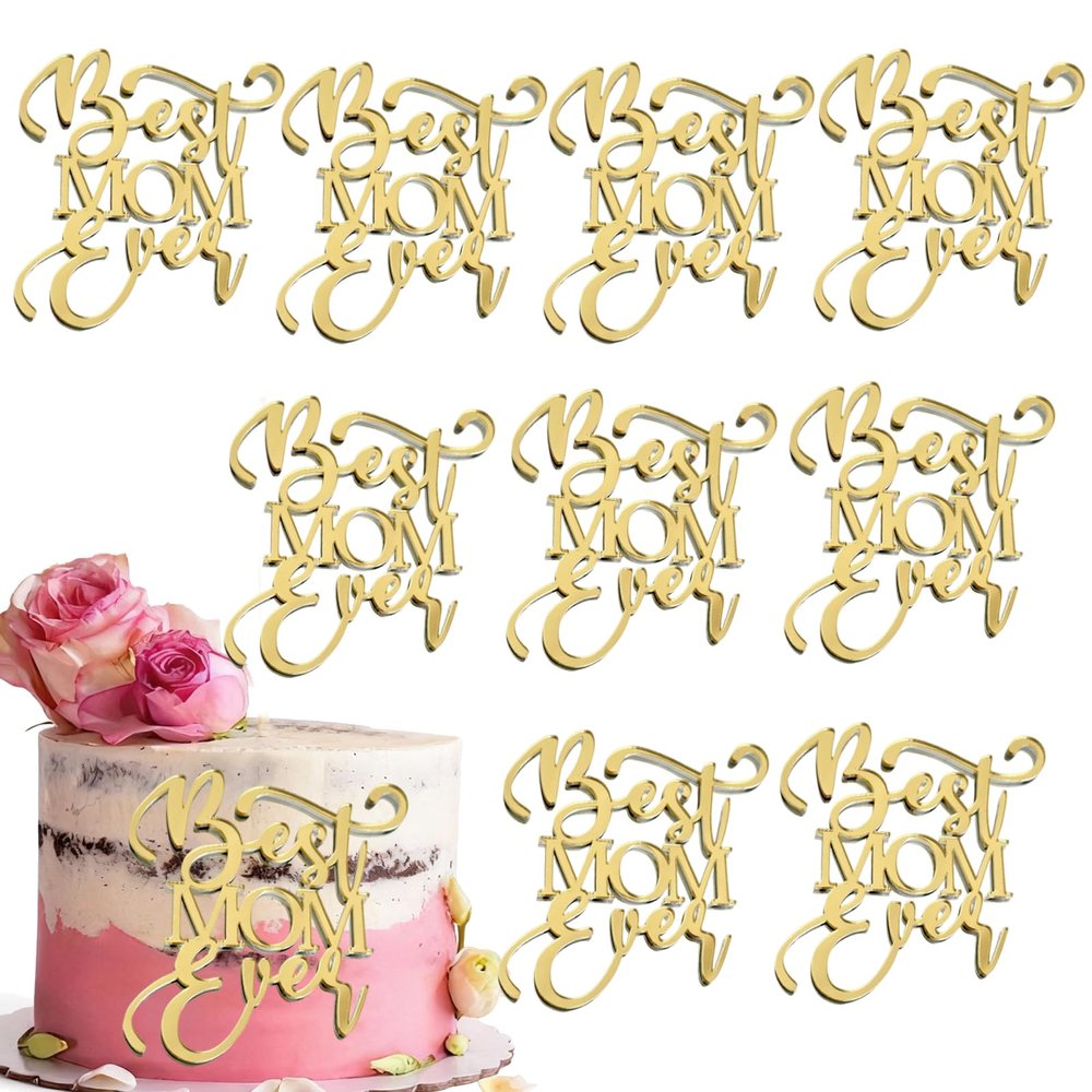 10 Pcs Happy Mother's Day Cake Toppers Acrylic Mirror Design Gold Cupcake Topper Engraved Cake Toppers Dessert Decor for Mother's Day Mom's Birthday Party