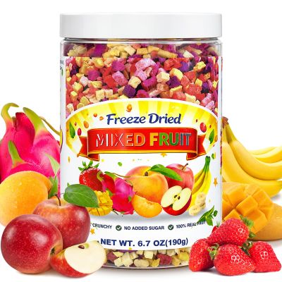 6.7 oz Freeze Dried Fruit Mixed - Dehydrated Fruit Pieces Snacks (6 Fruits) with Crispy Strawberry, Dragon Fruit, Apple, Mango, Banana & Yellow Peach, for Kids & Adults, Snacking, Desserts & Baking, No Sugar Added, Vegan