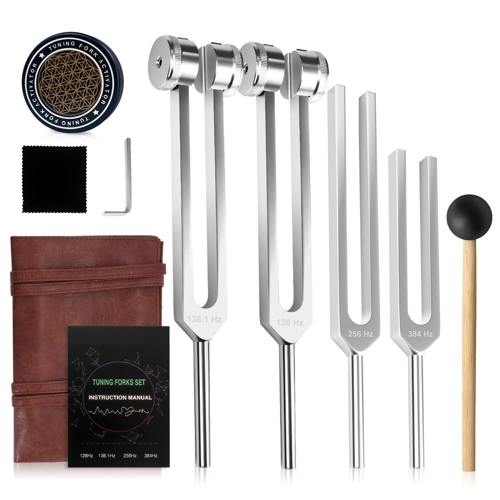 Awzhmy Tuning Forks for Healing Set 128Hz 136.1Hz 256Hz 384Hz Weighted & Unweighted Resonance Sound Therapy Tuning Fork Set, Healing Instruments for Meditation Yoga Chakra Balance