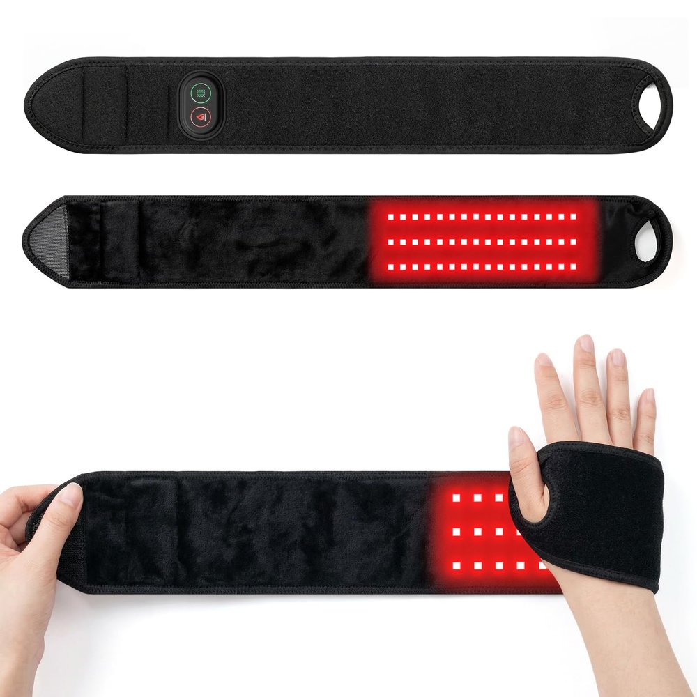 Red Light Therapy for Wrist with Massage, 660nm & 850nm Near Infrared Light Device, Heated Wrist Brace for Carpal Tunnel, 3 Light & Vibration Massage Settings, 3000mAh