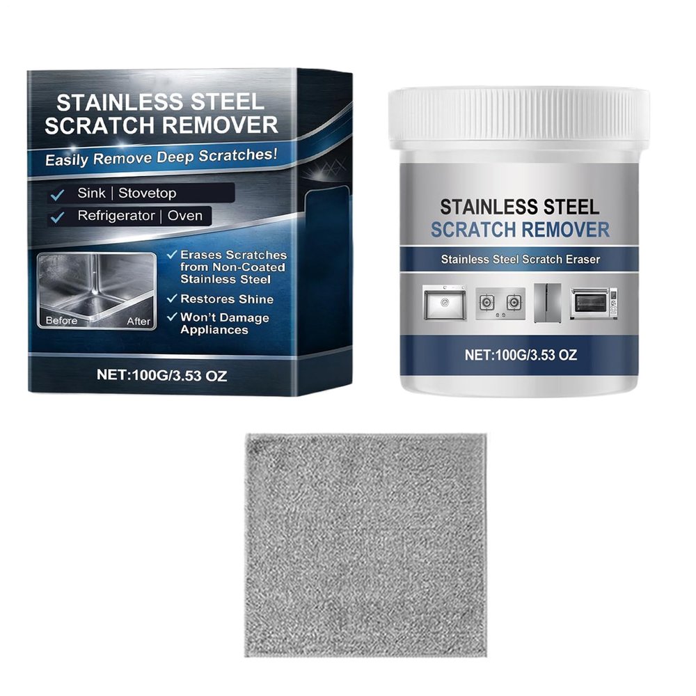 Stainless Steel Scratch Remover Kit, 100g Non-Coated Stainless Steel Scratch Remover for Appliances, Refrigerators, Fridge, Stoves, Sinks, Dishwasher Doors, Faucets, with Towel, Restore Shine