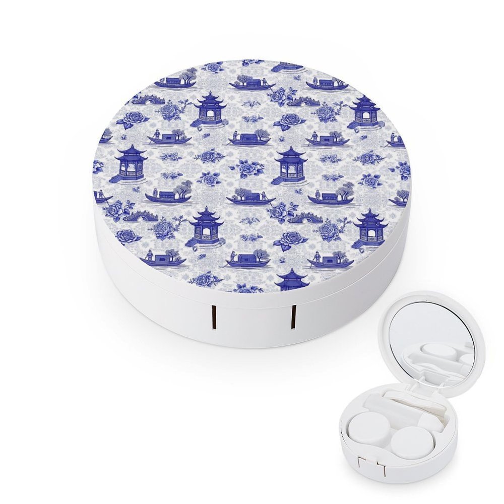 MUMEHAZ Portable Contact Box Travel Contact Lens Case Holder with Mirror Solution Bottle for Daily Makeup (Blue Chinoiserie)