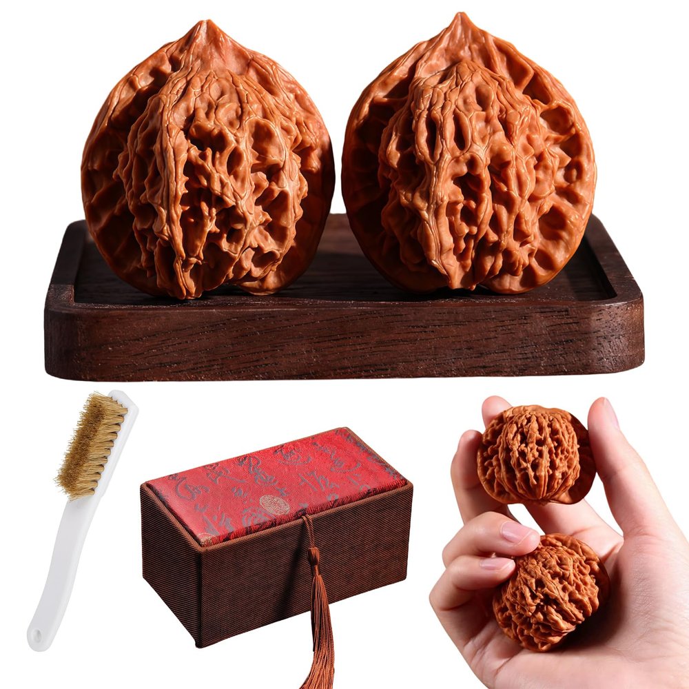 Jade Walnuts, Chinese Walnuts Fidget 2pcs Chinese Exercise Walnuts with Gift Box & Brush Traditional Stress Relief Hand Fidget for Relaxation & Focus (Type C, 39-40mm)