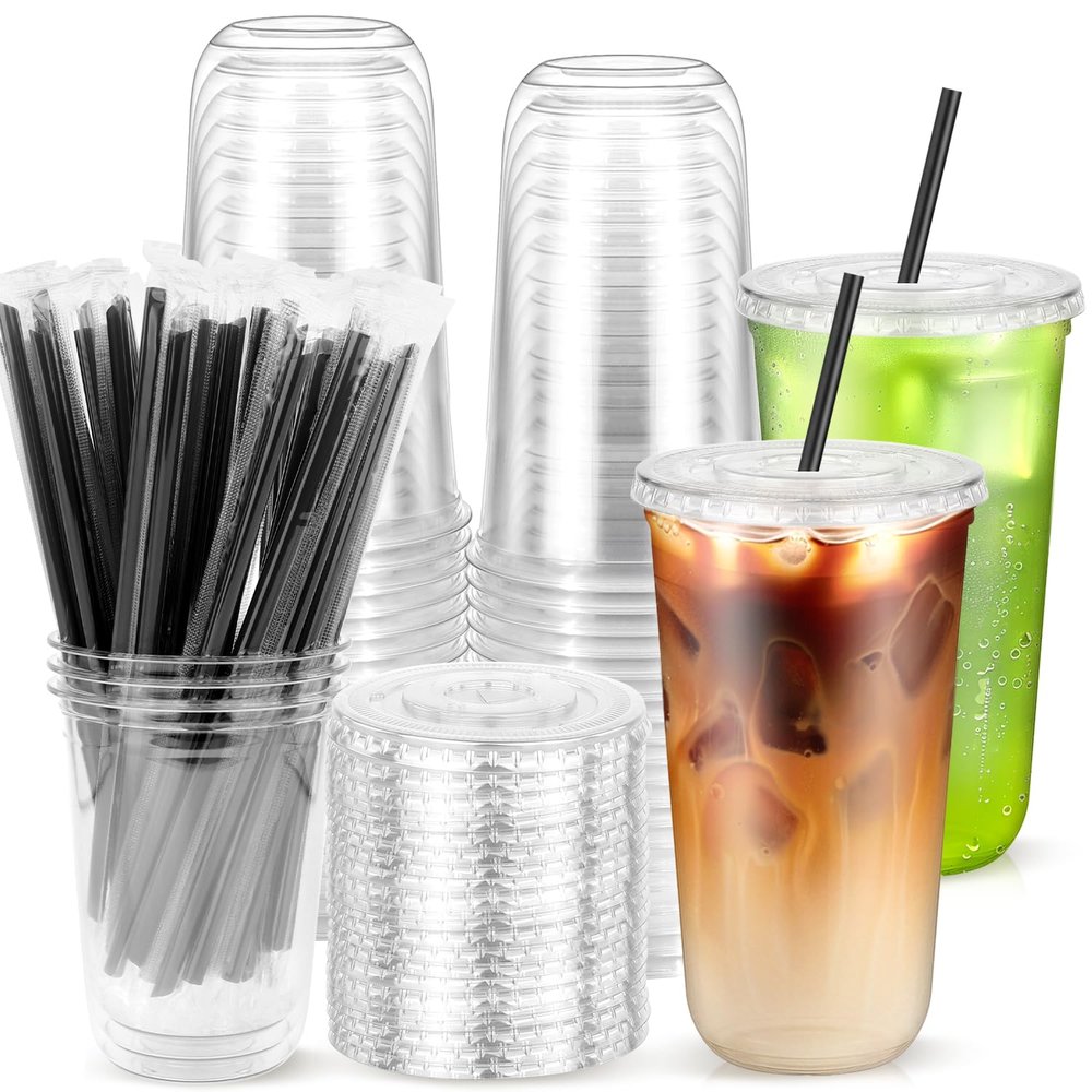 Etersky 20 oz 25PCS Disposable Clear Plastic Cups with Lids and Straws